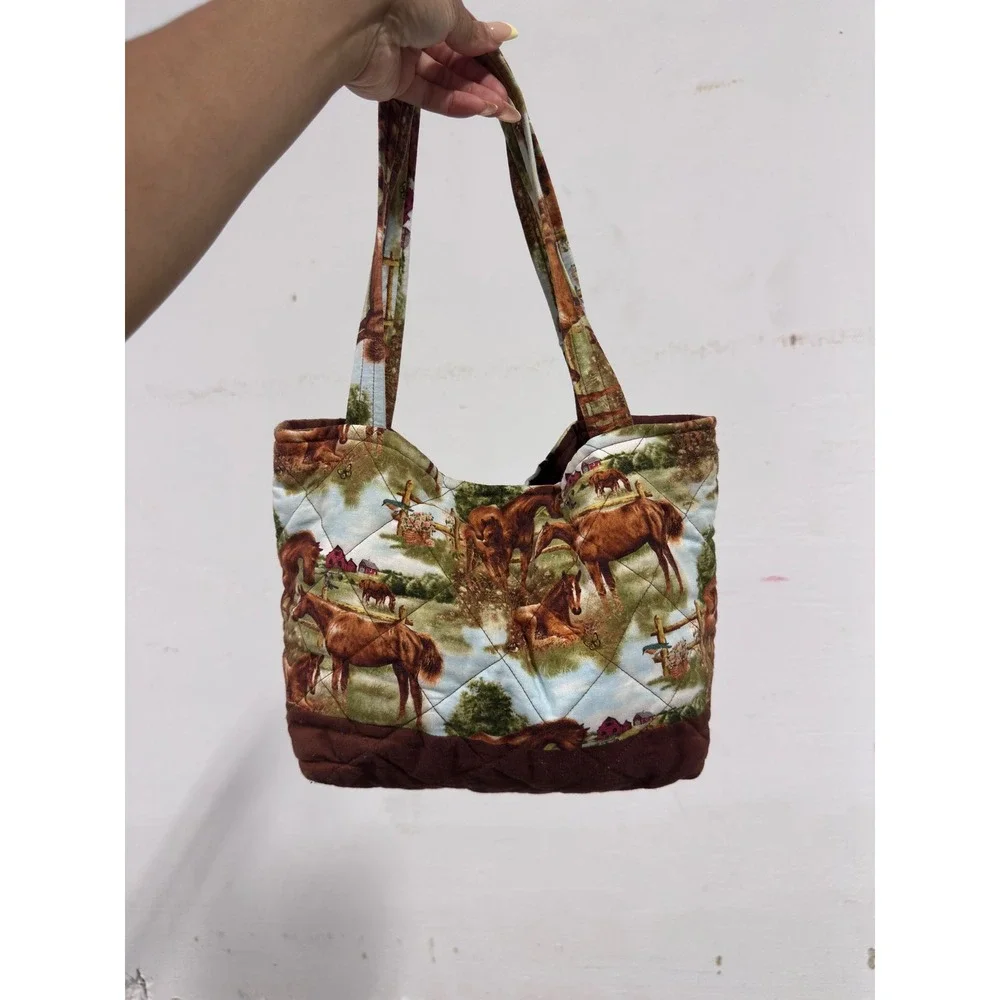Handmade Quilted Horse Print Tote Bag Brown Equestrian Scenic Shoulder Bag